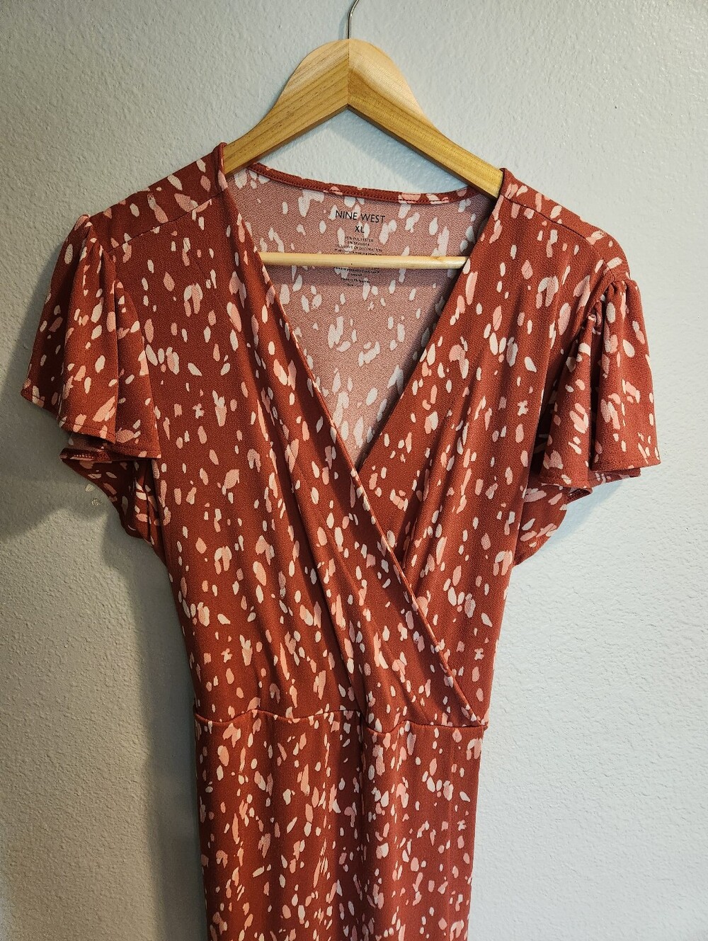 Nine West Rust and White Printed Faux-Wrap Dress Size XL